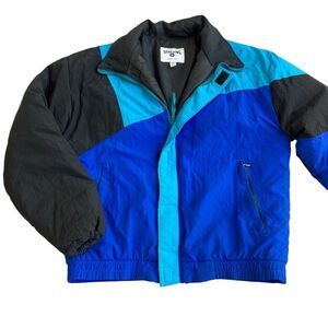 Vintage 90s Spalding L jacket , color block , blue, black, teal , puffer…